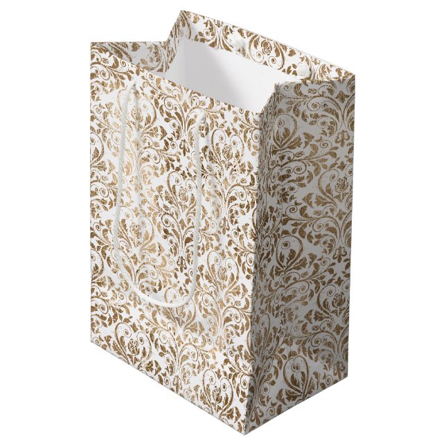 Sac Cadeau Moyen Elégant or blanc Chic Damask (Devant Angle)
