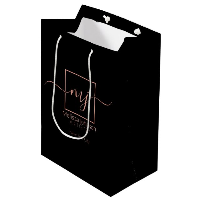 Sac Cadeau Moyen Elégant or Rose sur noir (Devant Angle)