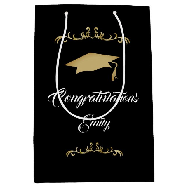 Sac Cadeau Moyen Elégant Ornament Or Félicitations Diplômé (Devant)