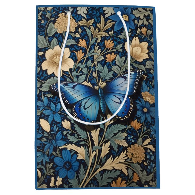Sac Cadeau Moyen Elégant Papillon Bleu William Morris Inspiré (Devant)