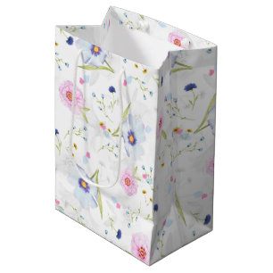 Sac Cadeau Moyen Élégant Pastel bleu & rose Fleurs florales