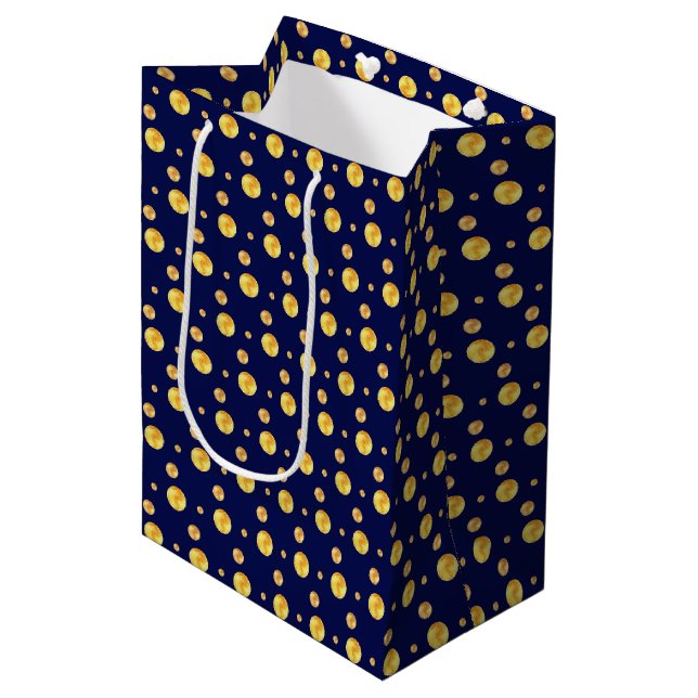 Sac Cadeau Moyen Élégant pois doré sur bleu marine (Devant Angle)