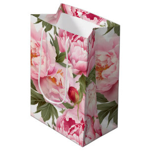 Sac Cadeau Moyen Élégant Pretty Pink Peonies Floral Holiday