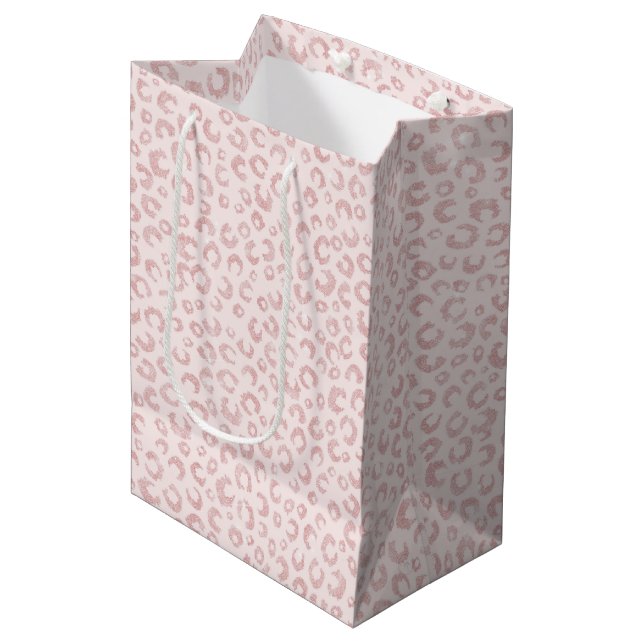 Sac Cadeau Moyen Élégant Rose Parties scintillant d'or Leopard Moti (Devant Angle)
