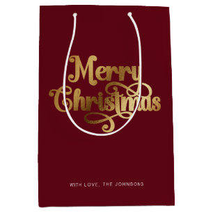 Sac Cadeau Moyen Élégant Script Chic Rouge Or Joyeux Noël