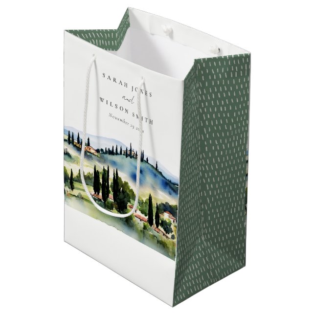 Sac Cadeau Moyen Elégant Toscane Italie Aquarelle Mariage paysage (Devant Angle)