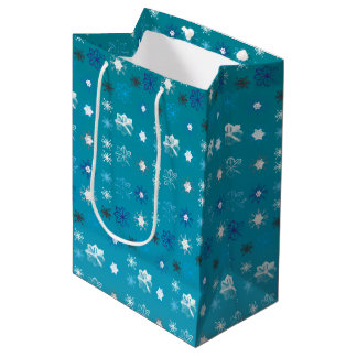 Sac Cadeau Moyen Elégant turquoise et blanc, étoiles et flocons de 