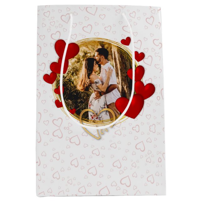 Sac Cadeau Moyen Élégant Valentines, Amour, Anniversaire Coeur Roug (Devant)