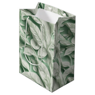 Sac Cadeau Moyen Élégant vintage blanc vert motif de feuille botani
