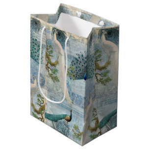 Sac Cadeau Moyen Elégant Vintage Peacocks n Plumes Blanc et Bleu