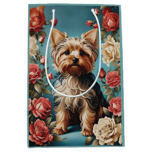 Sac Cadeau Moyen Elégant Yorkshire Terrier Portrait Rose Garden