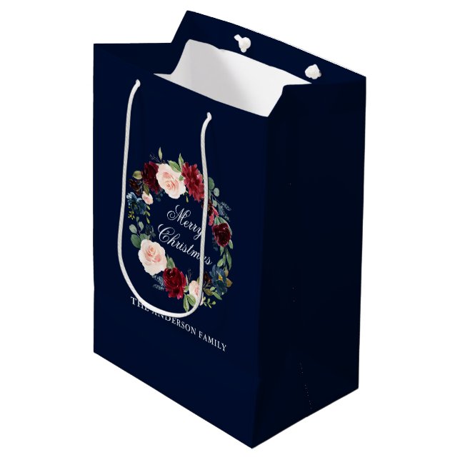 Sac Cadeau Moyen Elégante aquarelle fleurie couronne Joyeux Noël (Devant Angle)