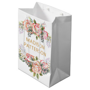 Sac Cadeau Moyen Elégante aquarelle personnalisée Floral Girly Chic
