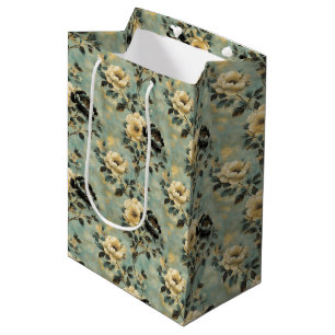Sac Cadeau Moyen Elégante Crème Vintage Florale & Découpage noire
