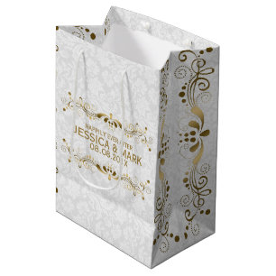 Sac Cadeau Moyen Elégante dentelle d'or Floral avec Damas blanches 