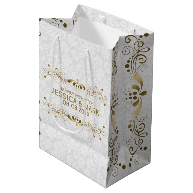 Sac Cadeau Moyen Elégante dentelle d'or Floral avec Damas blanches  (Devant Angle)