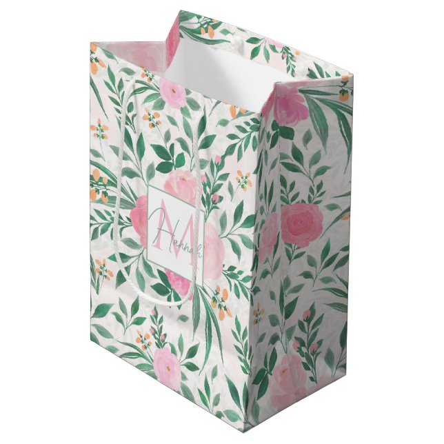 Sac Cadeau Moyen Elégante Fleurs Roses Blanches Aquarelle Florale (Devant Angle)