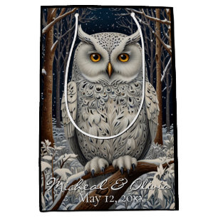 Sac Cadeau Moyen Élégante forêt d'hiver de chouette blanche boho