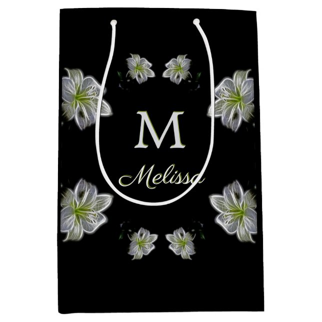 Sac Cadeau Moyen Élégante Lilies blanches Nom du monogramme floral (Devant)