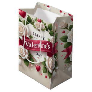 Sac Cadeau Moyen Elégante Saint Valentin Design avec Roses, Coeurs