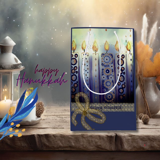 Sac Cadeau Moyen Élégantes bougies joyeuses Hanoukka (Elegant Candles Happy Hanukkah Medium Gift Bag)