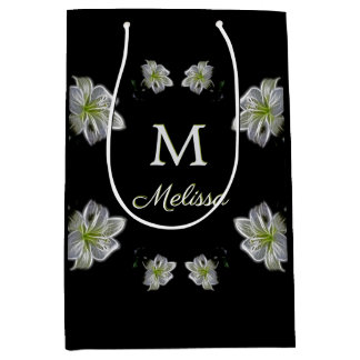 Sac Cadeau Moyen Élégantes Lys Blancs Floral Monogramme Nom