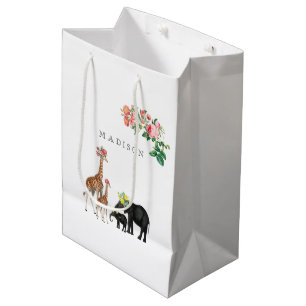 Sac Cadeau Moyen Eléphant mignon et girafe Floral Nom personnalisé