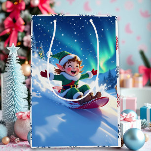 Sac Cadeau Moyen Elfe de Noël joyeux faisant de la luge 