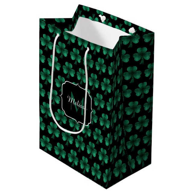 Sac Cadeau Moyen Emerald Green Sparkle Shamrock noir Monogramme (Devant Angle)