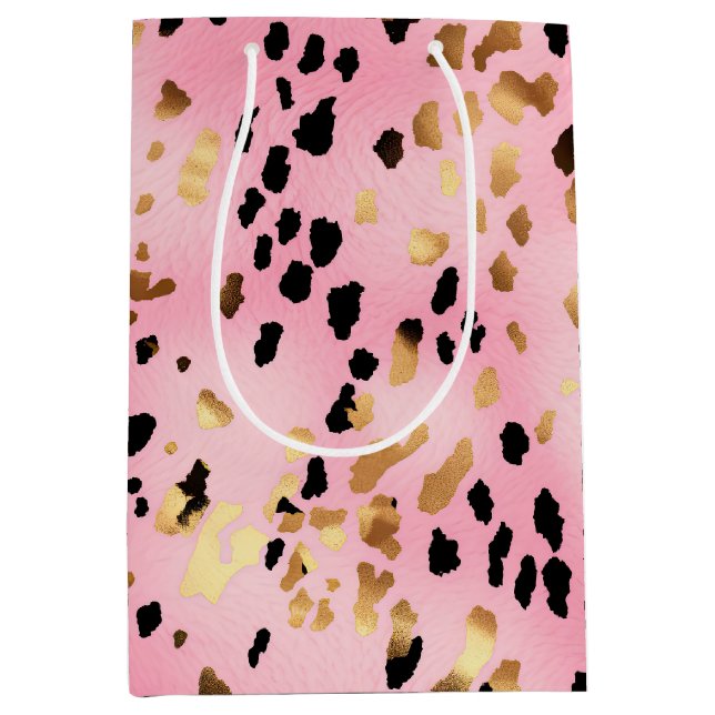 Sac Cadeau Moyen Empreinte de léopard noir rose or (Devant)