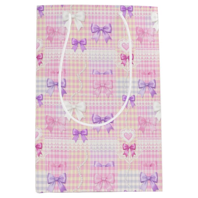 Sac Cadeau Moyen en vichy Coquette Bows Baby shower Girls Anniversa (Devant)