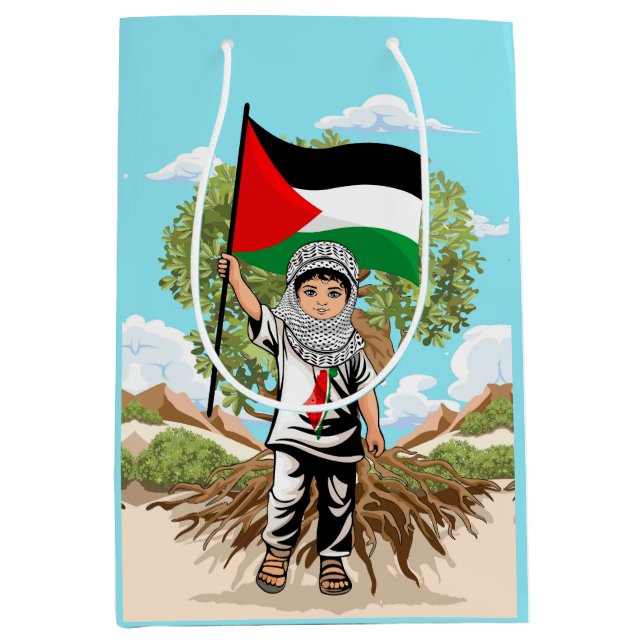 Sac Cadeau Moyen Enfant avec Keffiyeh Palestine Drapeau et olivier (Devant)