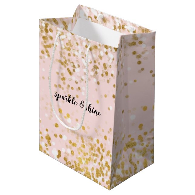 Sac Cadeau Moyen Épersion de Confetti en or blanc rose (Devant Angle)