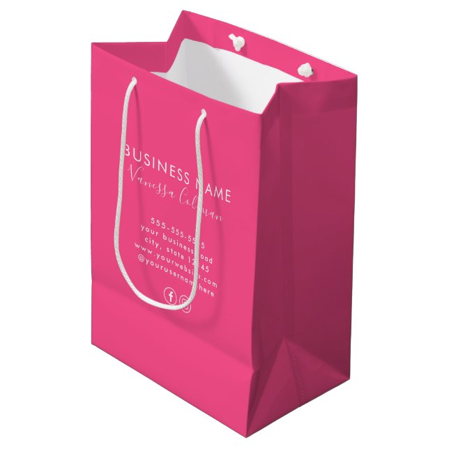 Sac Cadeau Moyen Étiquetage professionnel Script minimal Hot Pink (Devant Angle)