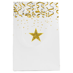 Sac Cadeau Moyen Étoile dorée élégante et confettis sur fond blanc