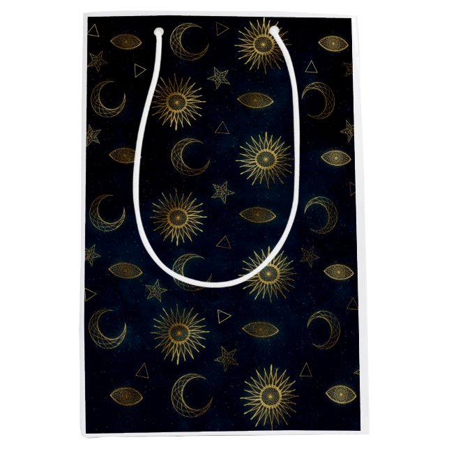 Sac Cadeau Moyen Étoiles célestes Blue Gold Sun Moon (Devant)