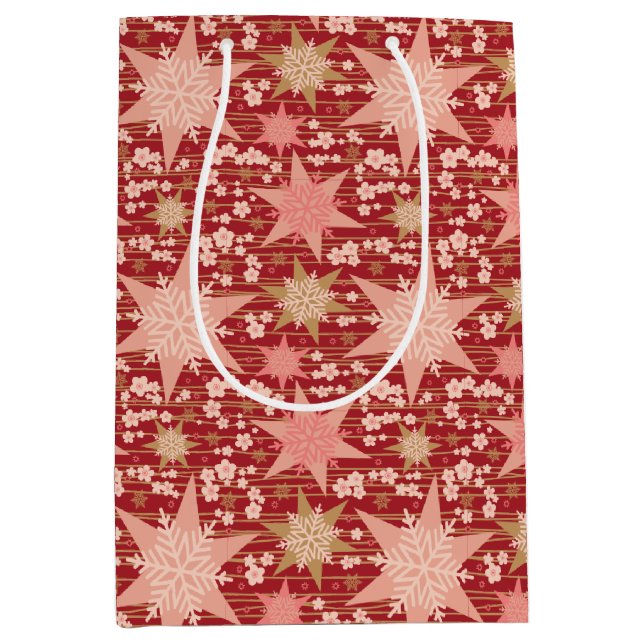 Sac Cadeau Moyen Étoiles de Noël parsemées de fleurs roses (Devant)