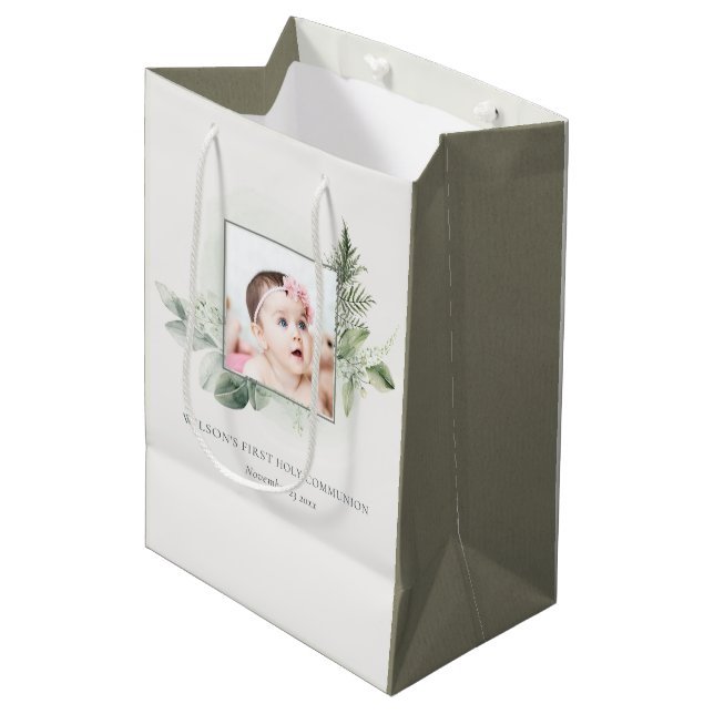 Sac Cadeau Moyen Eucalyptus Fern Foliage Photo Première Communion S (Devant Angle)