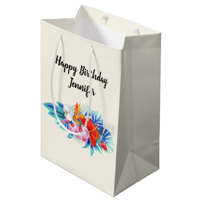 Sac Cadeau Moyen Exotic Tropical Flowers - Pink & Aquamarines (Devant Angle)