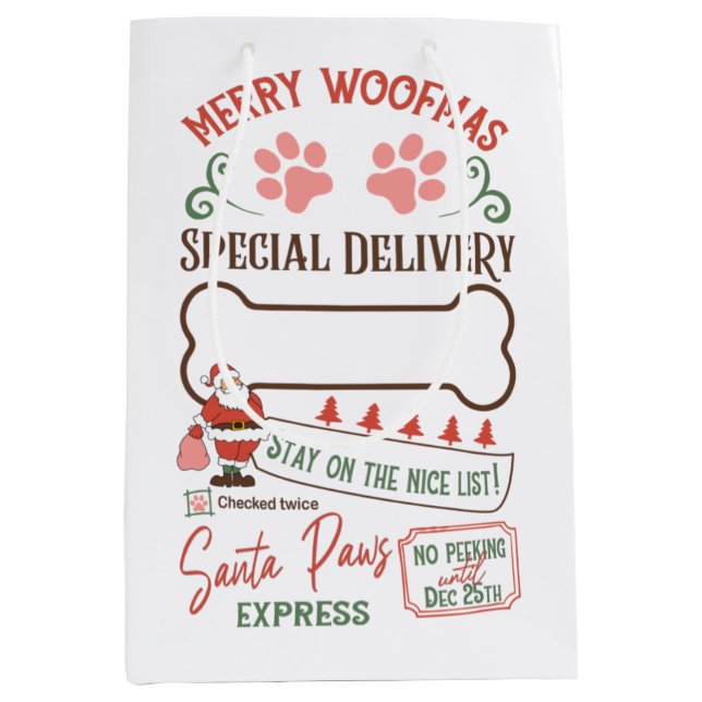 Sac Cadeau Moyen Express personnalisé Joyeux Woofmas Père Noël Paws (Devant)