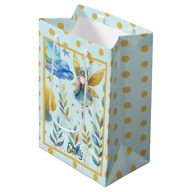 Sac Cadeau Moyen Fairy Birthday Turquoise Gold Rose Princess Fairyt (Devant Angle)