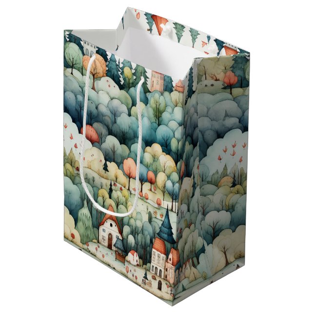 Sac Cadeau Moyen Fairytale à Fairyland Village Green et Orange (Devant Angle)