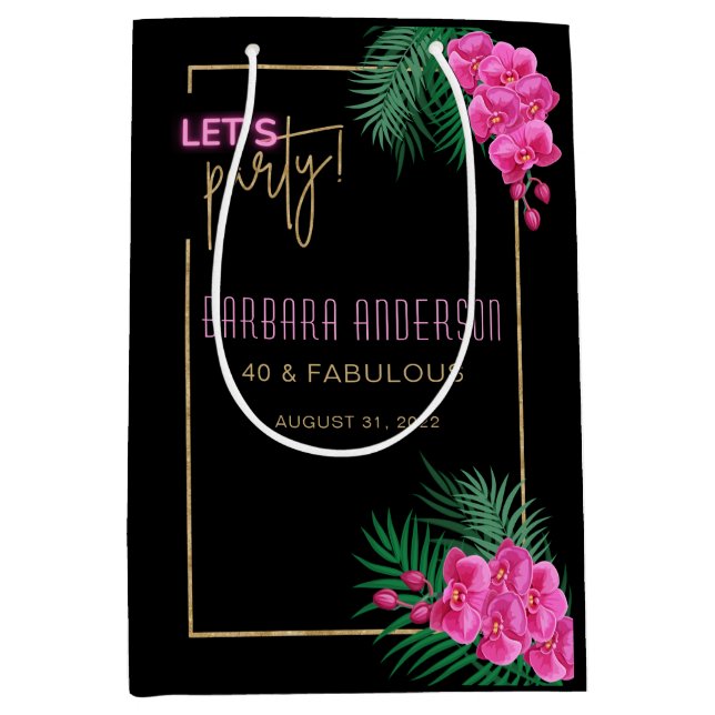 Sac Cadeau Moyen Faisons la fête Black Gold Neon Tropical 40e anniv (Devant)