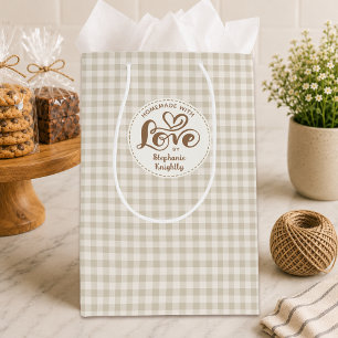 Sac Cadeau Moyen Fait Maison avec Amour Gingham Carreaux Neutre