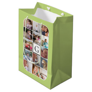Sac Cadeau Moyen Faites votre propre photo collage, monogramme vert