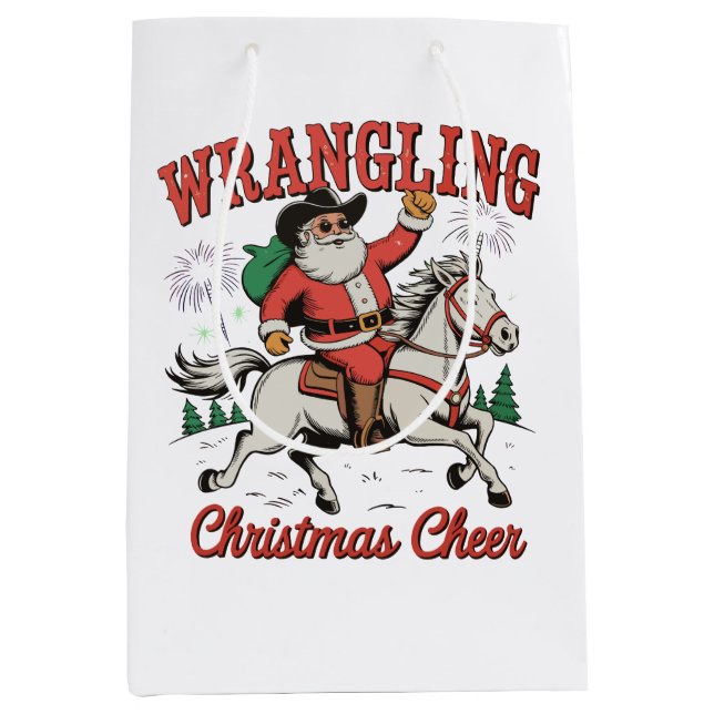 Sac Cadeau Moyen Fantaisie Noël Cheer Cowboy Père Noël Pays (Devant)