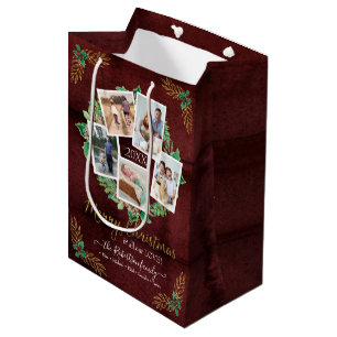 Sac Cadeau Moyen Farmhouse Family Photo Joyeux Noël Wreath Wood