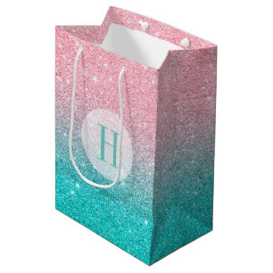 Sac Cadeau Moyen Faux Parties scintillant Ombre Turquoise & Rose