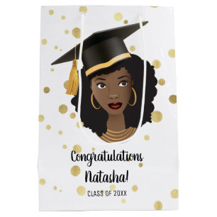 Sac Cadeau Moyen Félicitations Grad ! Femme noire avec casquette de