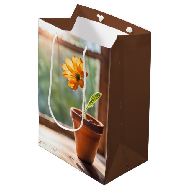 Sac Cadeau Moyen Fenêtre Avec Orange Daisy Anniversaire (Devant Angle)